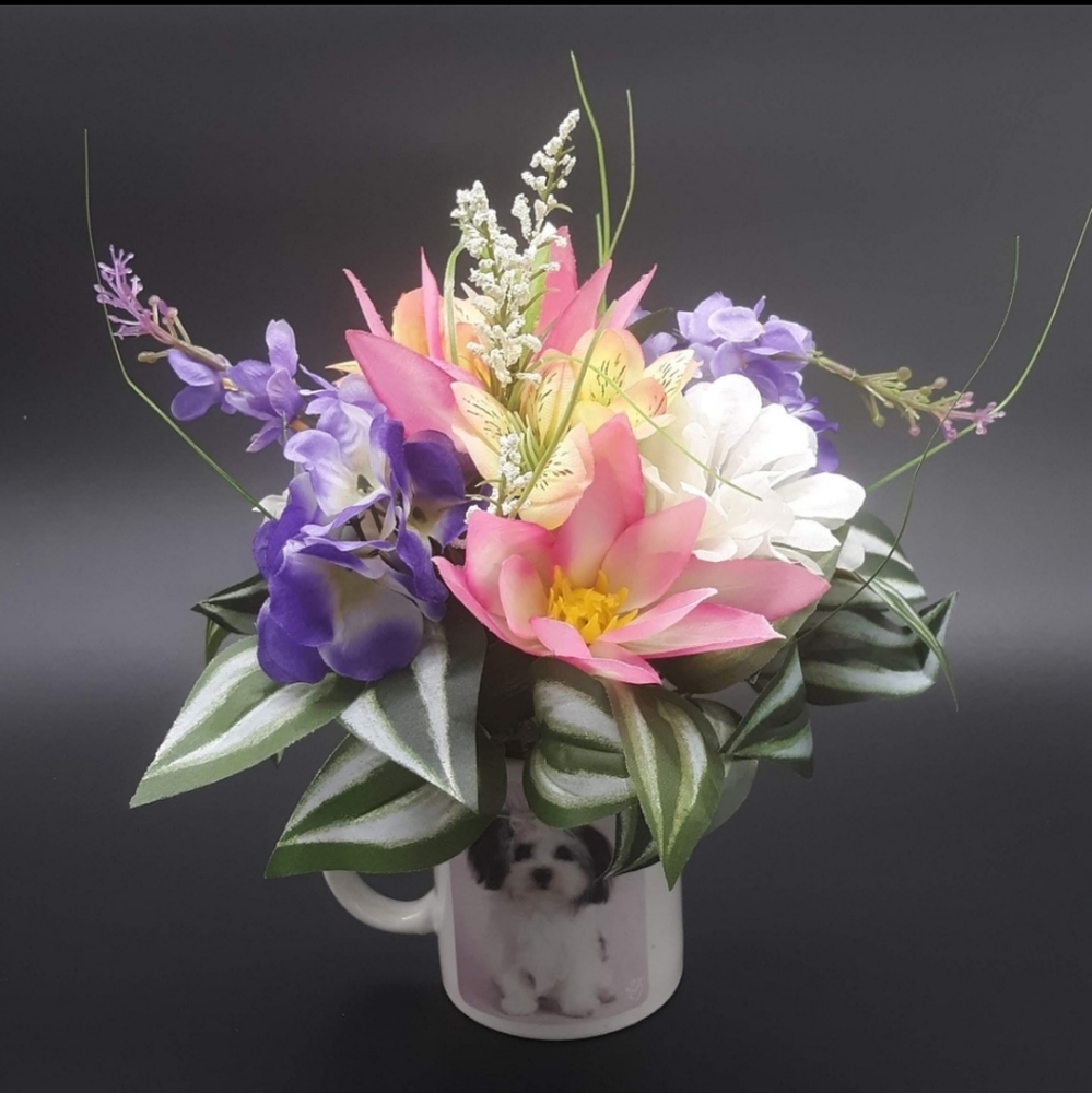 Pink and Purple Shih Tzu Mug Floral Arrangement